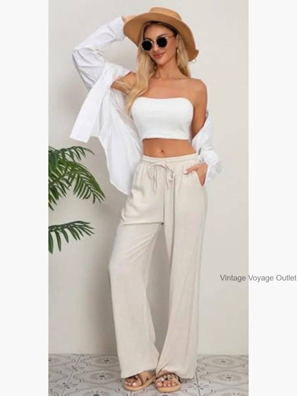 Cotton Linen Palazzo Pants Wide Leg Drawstring Waist Casual Lounge Trousers - Picture 5 of 6